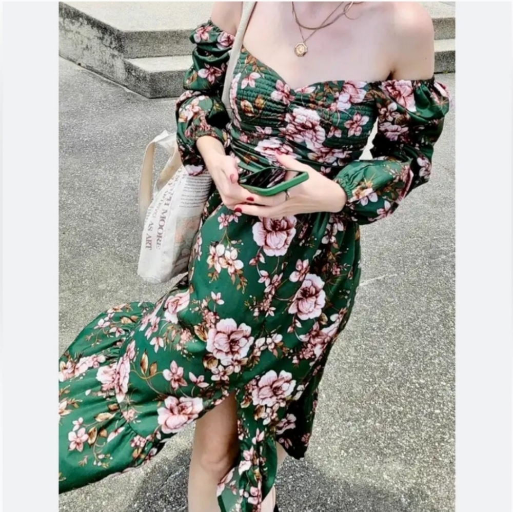 BOG Collection Floral Midi Dress green pink puff sleeve sweetheart neckl…